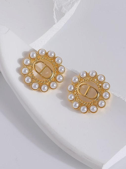 16k gold [925 silver needle] Brass Imitation Pearl Flower Trend Stud Earring